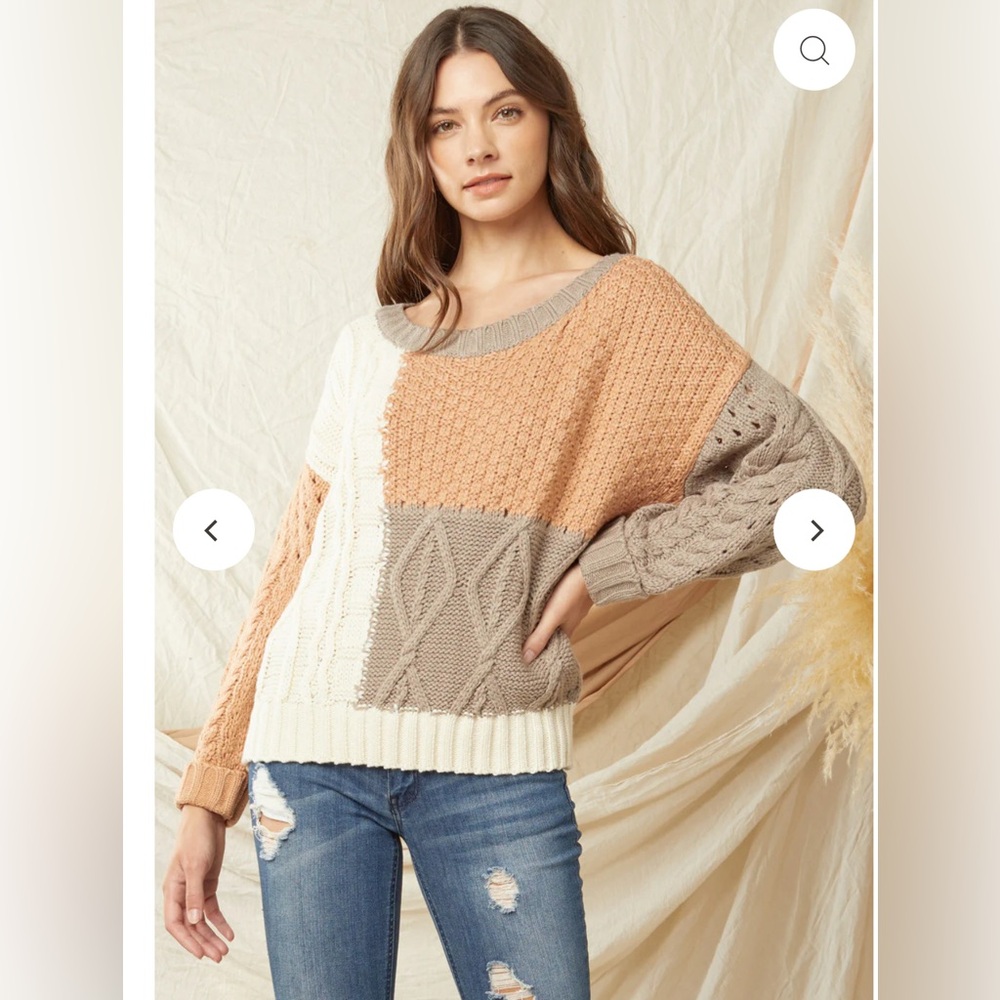 Entro Cream and Tan Crew Neck Sweater with Textured Knit